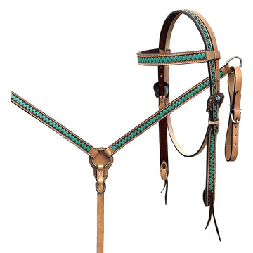 BAR H EQUINE Western Handtooled Leather Horse Headstall & Breast Collar Set